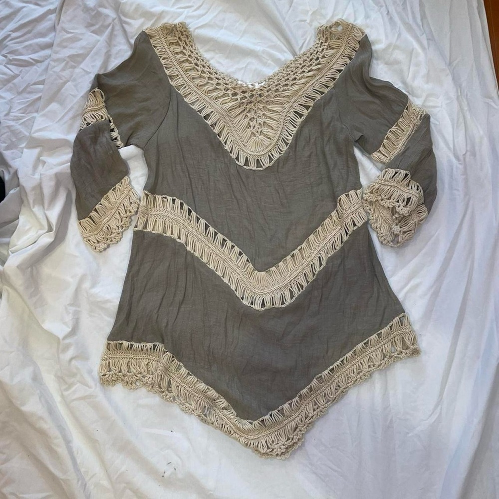 Vintage green & white crotchet knit bohemian poncho top dress swim coverup